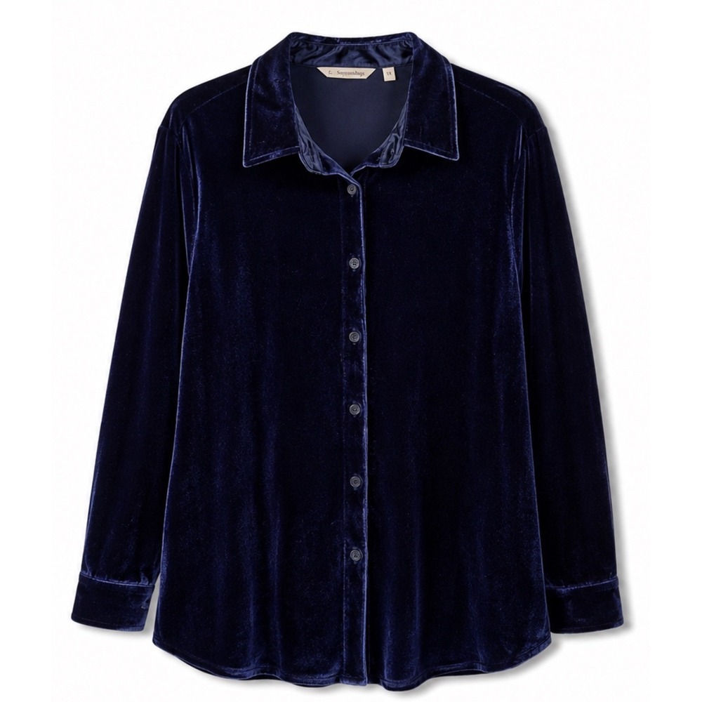 Soft Surroundings Navy Blue Velvet Button Down Shirt Blouse Dark Academia 1X